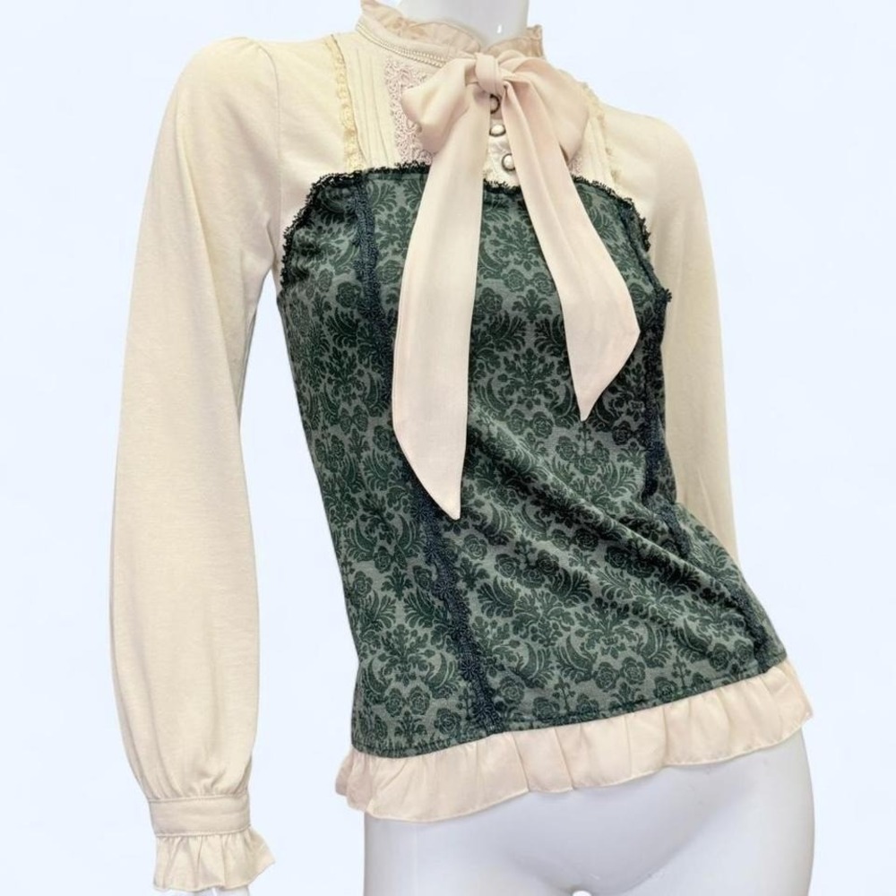 Axes‎ Femme Jacquard Corset Blouse Lace Bow Himekaji Womens Medium green